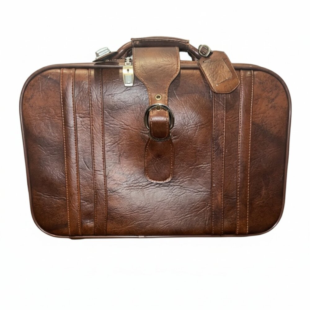 Vintage 1970s Chestnut Brown Leather Rectangle Zip Suitcase